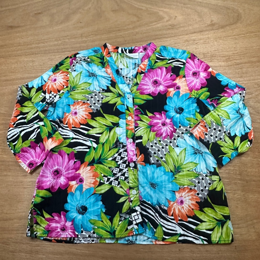 Alfred Dunner Floral Button Front Blouse Womens 14 Blue Pink Cotton 3/4 Sleeve